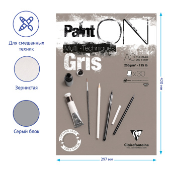 Скетчбук - альбом для смешанных техник 30л., А3, на склейке Clairefontaine "Paint'ON Grey", 250г/м2,