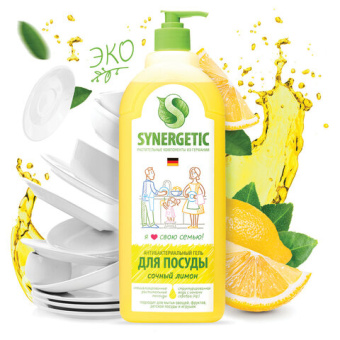 Средство для мытья посуды антибактериальное 1 л SYNERGETIC "Лимон", дозатор, 103101