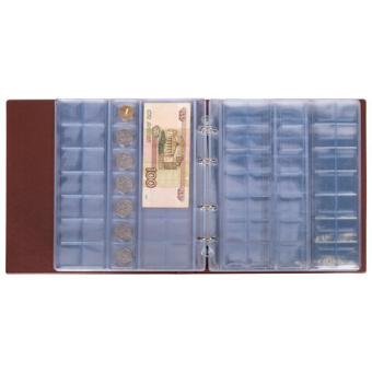 Альбом нумизматика для 380 монет (диаметр до 38 мм) и купюр, 253х238 мм, коричневый, ОСТРОВ СОКРОВИЩ
