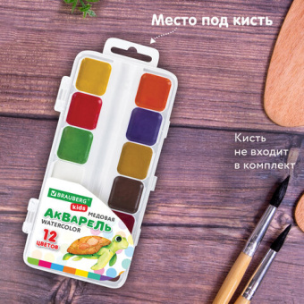 Краски акварельные BRAUBERG KIDS, медовые, 12 цветов, квадратные кюветы, пластиковый пенал