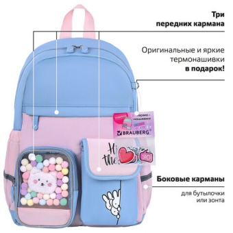 Рюкзак BRAUBERG PASTEL с термонашивками в комплекте, "Friendly bunnies", голубой, 40х29х14 см, 27142