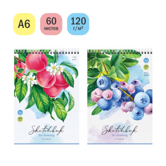 Скетчбук 60л., А6 ArtSpace "Fruit Collection", на гребне, 120г/м2