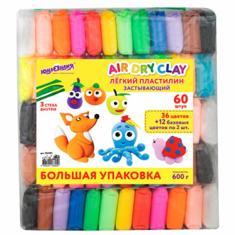 Пластилин супер легкий воздушный 60 штук (36 цветов + 12х2 базовых), 600 г, 3 стека, ЮНЛАНДИЯ, 10698