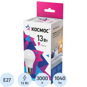 Лампа светодиодная КОСМОС А60 13W Е27 3000K 10 шт/уп (LED13wA60E2730_10)