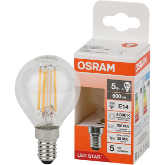 Лампа светодиодная OSRAM LSCLP60 5W/840 230VFILCL E14 FS1