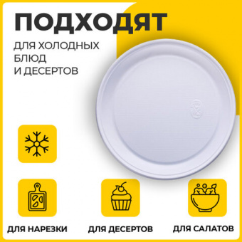 Одноразовые тарелки плоские, КОМПЛЕКТ 100 шт., пластик, d=220 мм, "БЮДЖЕТ", белые, ПС, холодное/горя