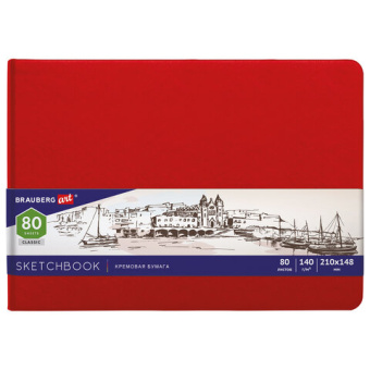 Скетчбук, слоновая кость 140 г/м2 210х148 мм, 80 л., КОЖЗАМ, резинка, BRAUBERG ART CLASSIC, красный,