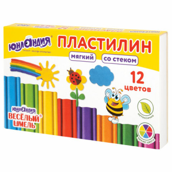 Пластилин мягкий ЮНЛАНДИЯ "ВЕСЕЛЫЙ ШМЕЛЬ", 12 цветов, 180 г, СО СТЕКОМ