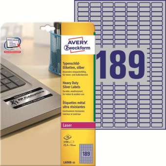 Серебристые полиэстерные этикетки Avery Zweckform 25.4x10 мм, 189 шт. на 1 листе, 3780 шт./20 л. в 1 уп.