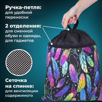 Мешок для обуви BRAUBERG БОЛЬШОЙ, с ручкой, карман на молнии, сетка, 49х41 см, "Feathers", 271057