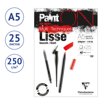 Скетчбук - альбом для смешанных техник 25л., А5, на склейке Clairefontaine "Paint'ON Smooth", 250г/м