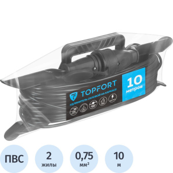 Удлинитель Topfort каркас ПВС 2х0,75 кв.мм 10м 6А 1 гнездо б/з.,с/заг.,IP44