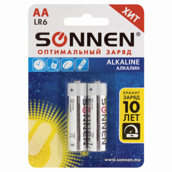 Батарейки SONNEN Alkaline, АА (LR06, 15А), алкалиновые, КОМПЛЕКТ 2 шт., в блистере, 451084