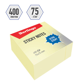 Самоклеящийся блок Berlingo "Ultra Sticky", 75*75мм, 400л, пастель, желтый