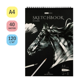 Скетчбук 40л., А4 ArtSpace "Black line. Horse", на гребне, 120г/м2, черный блок