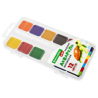 Краски акварельные BRAUBERG KIDS, медовые, 12 цветов, квадратные кюветы, пластиковый пенал