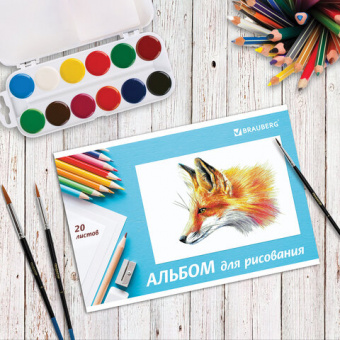 Альбом для рисования, А4, 20 л., скоба, обложка картон, BRAUBERG, 200х283 мм, "Я рисую мир" (2 вида)