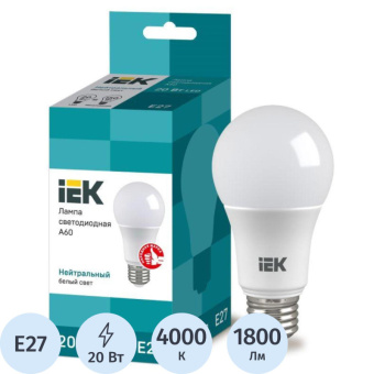 Лампа светодиодная IEK ECO A60 LLE-A60-20-230-40-E27 20Вт 230В 4000К E27