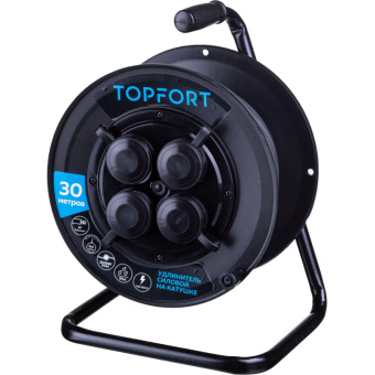 Удлинитель на катушке пластик TOPFORT КГ 2x2.5 кв.мм. 30 м 16 А 3500 Вт IP44 без заземления 4 розетк