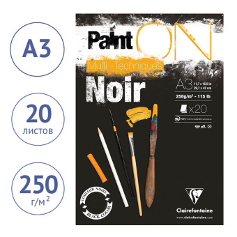 Скетчбук - альбом для смешанных техник 20л., А3, на склейке Clairefontaine "Paint'ON Noir", 250г/м2,