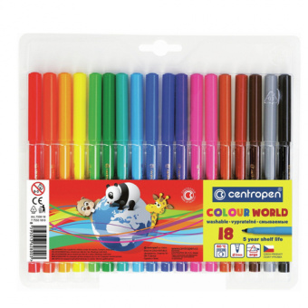 Фломастеры 18 ЦВЕТОВ CENTROPEN "Colour World", круглые, смываемые, вентилируемый колпачок, 7550/18TP