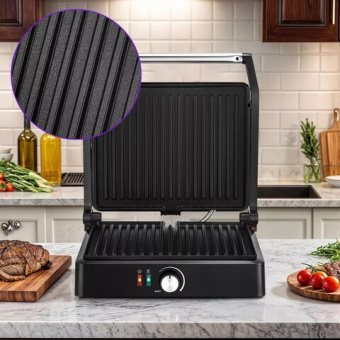 Электрогриль KITFORT KT-3662, 2000 Вт, фиксированные панели, регулировка температуры, серебро/черный, КТ-3662