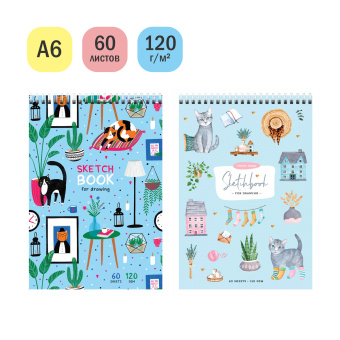 Скетчбук 60л., А6 ArtSpace "Cats", на гребне, 120г/м2