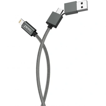 Кабель PERO, DC-07, 1м, Type-C/USB-A to Lightning, 20W, серый