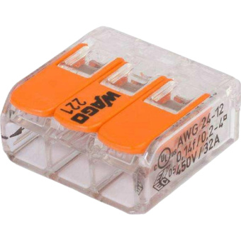 Клемма WAGO 221-413 (3Х4,0мм2 с рычажком) уп.(50шт)