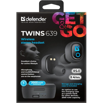 Наушники Defender Twins 639 черный,TWS, PB, Bluetooth (63639)