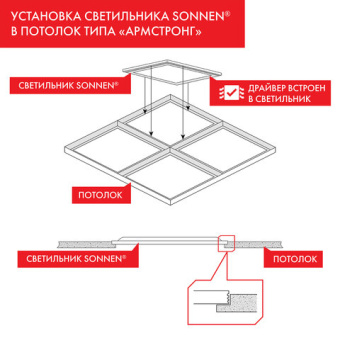 Светильник светодиодный с драйвером АРМСТРОНГ SONNEN СТАНДАРТ 6500 K, холодный белый, 595х595х30 мм,