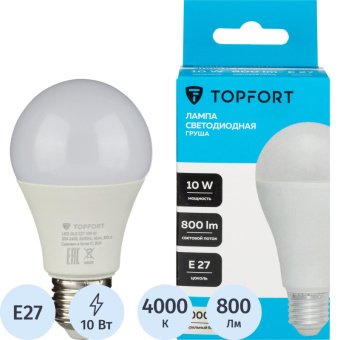 Лампа светодиодная Topfort E27 10W 4000K груша
