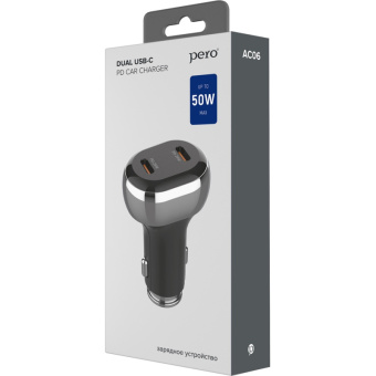 Зарядное устройство автомобильное PERO AC06 USB-C PD/USB-C PD/50W/черное
