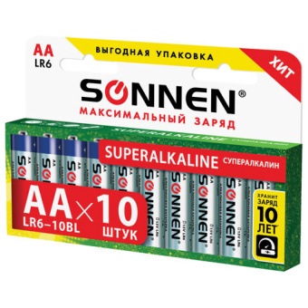 Батарейки КОМПЛЕКТ 10 шт., SONNEN Super Alkaline, АА (LR06,15А), алкалиновые, пальчиковые, в коробке