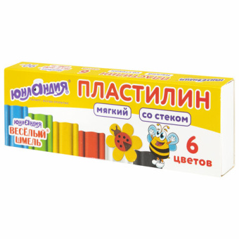 Пластилин мягкий ЮНЛАНДИЯ "ВЕСЕЛЫЙ ШМЕЛЬ", 6 цветов, 90 г, СО СТЕКОМ