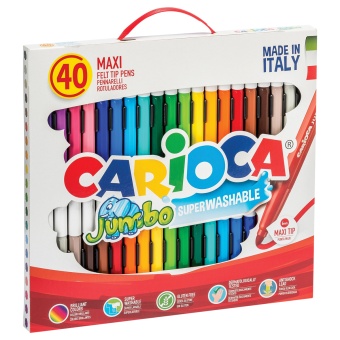Фломастеры Carioca "Jumbo", 40шт., 36цв., утолщенные, смываемые, картон, с ручкой