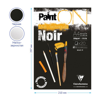 Скетчбук - альбом для смешанных техник 20л., А4, на склейке Clairefontaine "Paint'ON Noir", 250г/м2,