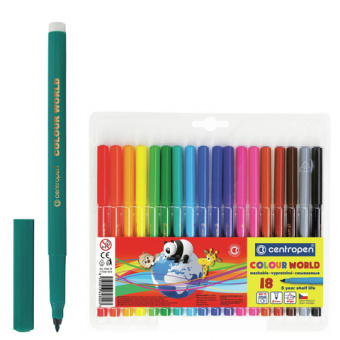 Фломастеры 18 ЦВЕТОВ CENTROPEN "Colour World", круглые, смываемые, вентилируемый колпачок, 7550/18TP