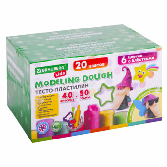 Пластилин-тесто для лепки BRAUBERG KIDS, 40 шт., 2000 г, 12 формочек, 2 стека, 2 штампика, 1 скалка,