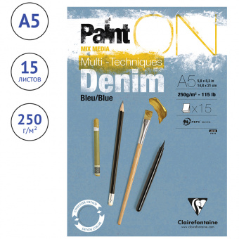 Скетчбук - альбом для смешанных техник 15л., А5, на склейке Clairefontaine "Paint'ON Denim Blue", 25