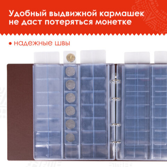 Альбом нумизматика для 380 монет (диаметр до 38 мм) и купюр, 253х238 мм, коричневый, ОСТРОВ СОКРОВИЩ
