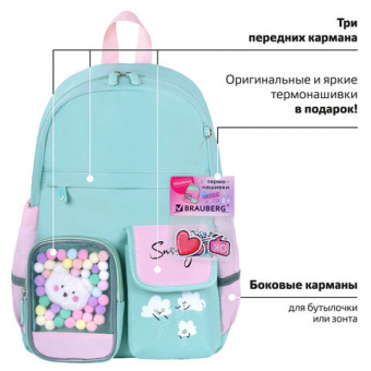 Рюкзак BRAUBERG PASTEL с термонашивками в комплекте, "Funny clouds", мятный, 40х29х14 см, 271421