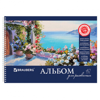 Альбом для рисования, А4, 40 листов, гребень, обложка картон, BRAUBERG, 205х290 мм, "Пейзаж с цветам