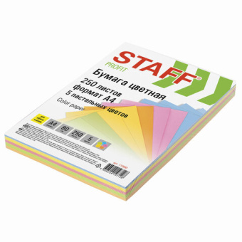 Бумага цветная STAFF "Profit", А4, 80 г/м2, 250 л. (5 цв. х 50 л.), пастель, для офиса и дома, 11089