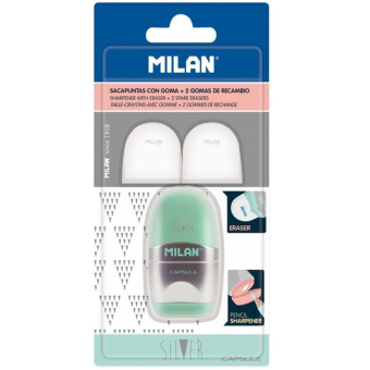 Ластик-точилка Milan Capsule Silver из натурального каучука с двумя запасными ластиками