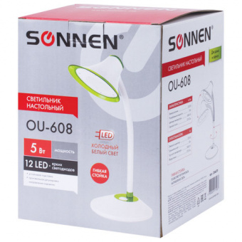 Светильник настольный SONNEN OU-608, на подставке, светодиодный, 5 Вт, белый/зеленый, 236670