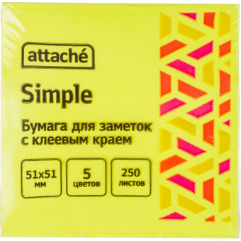 Стикеры Attache Simple 51х51 мм неоновые 5 цветов (1 блок, 250 листов)