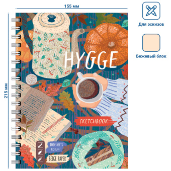 Скетчбук-тетрадь 100л., А5 BG "Hygge", на гребне, матовая ламинация, 80г/м2, бежевый блок, твердая о