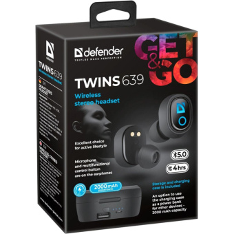 Наушники Defender Twins 639 черный,TWS, PB, Bluetooth (63639)