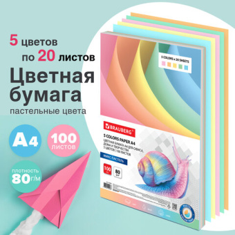 Бумага цветная BRAUBERG, А4, 80 г/м2, 100 л., (5 цветов х 20 листов), пастель, для офисной техники,